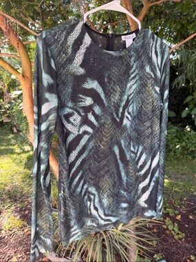 OO LaLa Green Black Animal Printed Long-Sleeve Mesh Accent Black Jewel Beaded M